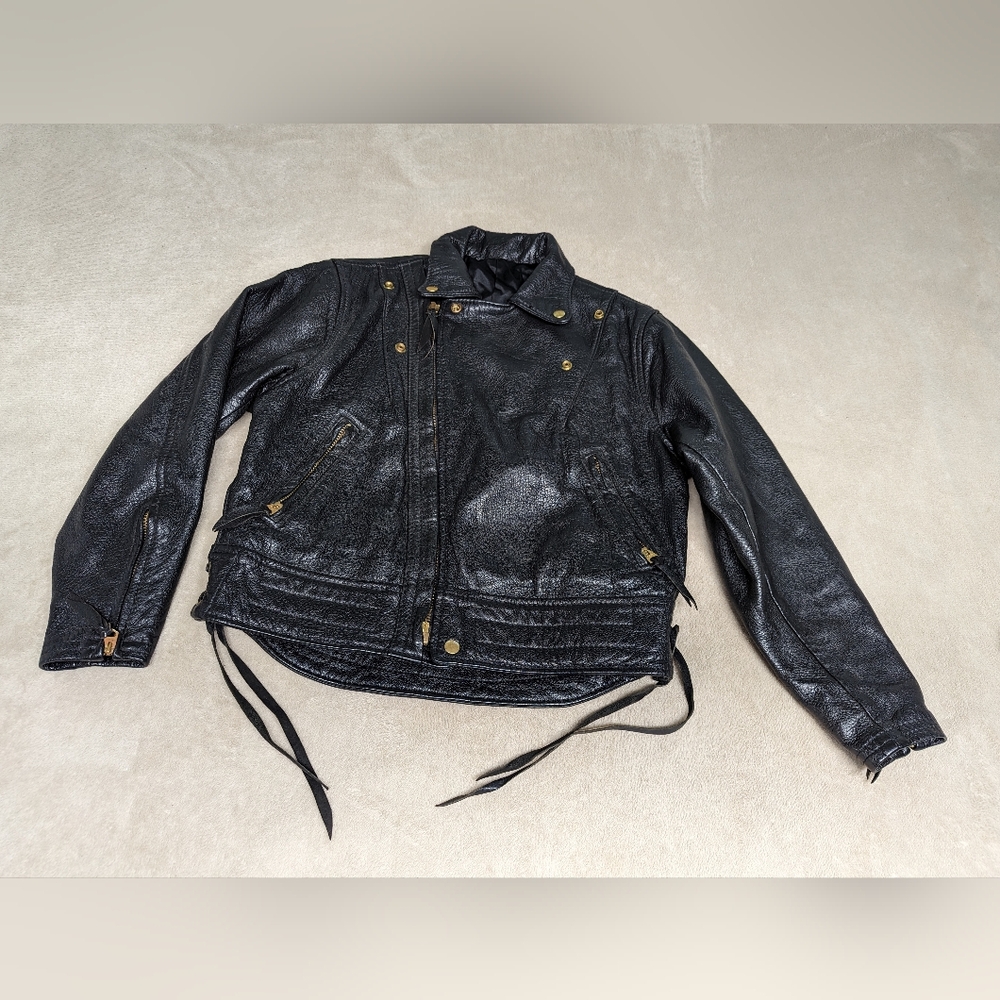 Langlitz Leather black genuine leather motorcycle jacket pockets zipper fringe